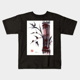 Crimson in the Mist - India ink bamboo wash painting Kids T-Shirt